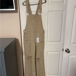 Risen Brand Khaki Women’s Distressed Denim Overalls with Adjustable Straps
